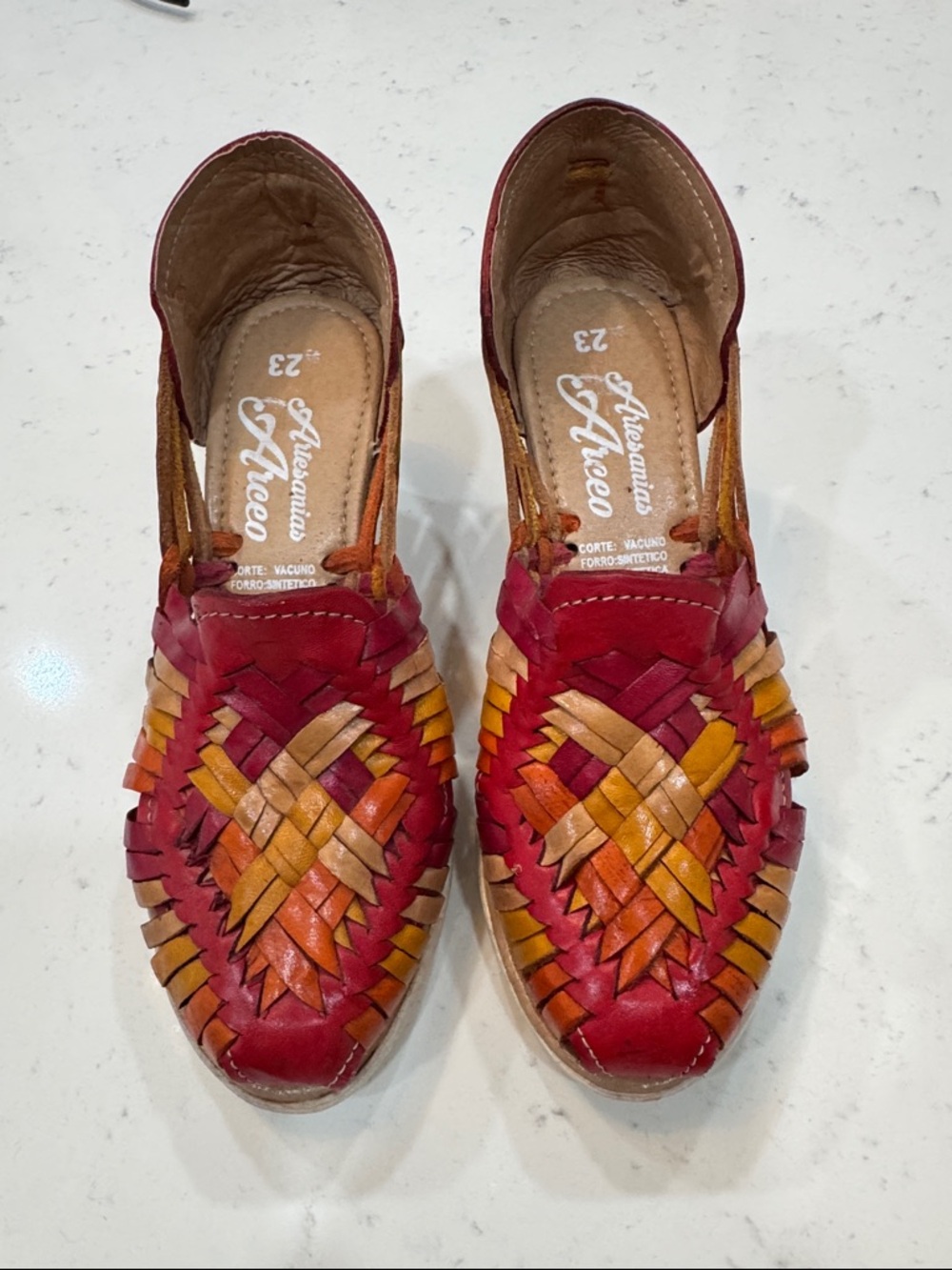 Artesanal Huarache Woven Leather Flats - Red & Tan